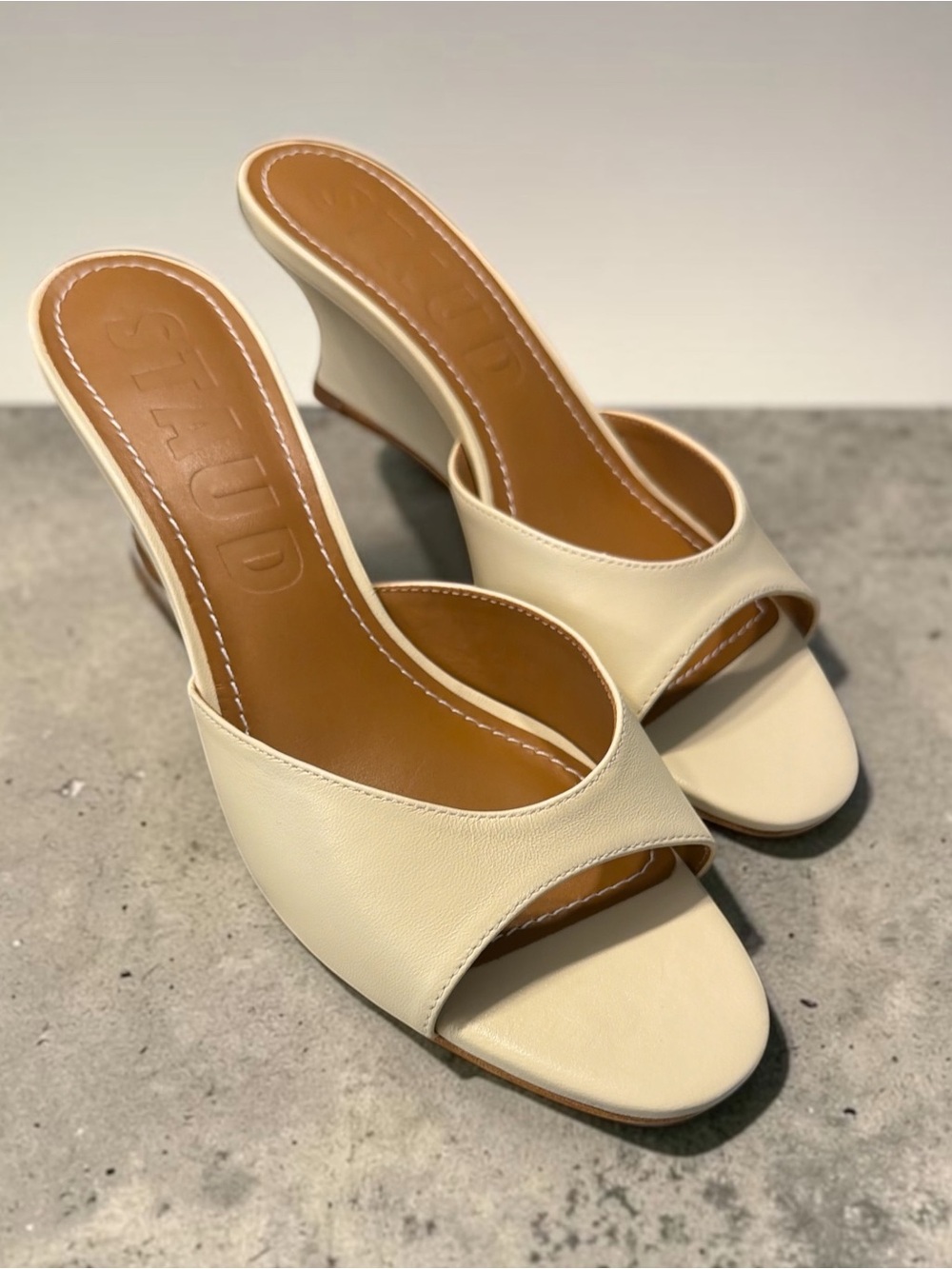 STAUD Cream Open-Toe Leather Mule Heels